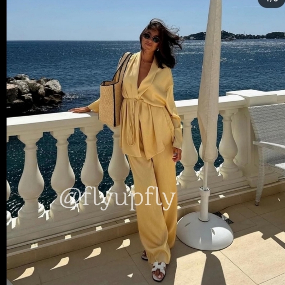 Zara 2 pieces set belted pleated kimono and pleated wide leg pants yellow NWT - Picture 6 of 16